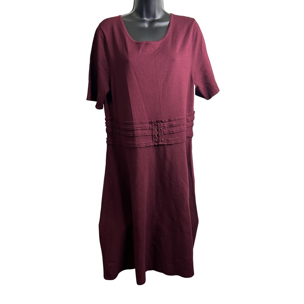 Maison Jules Dress Womens XL Ruby Wine Short Sleeve Lace Up Waist‎ Midi NWT